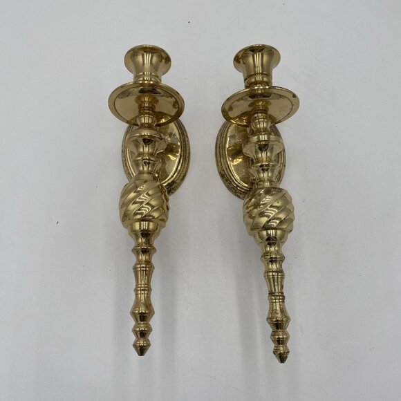 Vintage Brass Candle Sconce Plaque Decor Pair Set 2 Spindle Candlestick Gold MCM - Picture 1 of 7